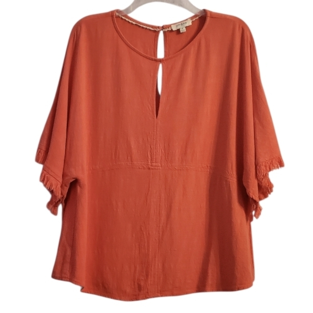 Umgee Women's Fringed Keyhole Front Bohemian Linen Cotton Top M